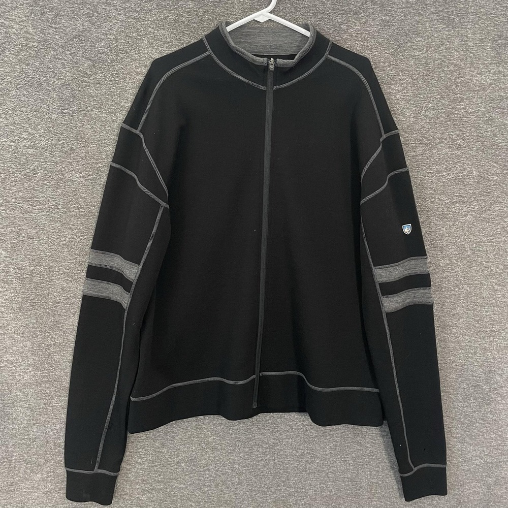Kuhl Sweater Mens 2XL Black 100% Merino Wool Full Zip Mock Neck Striped Knit